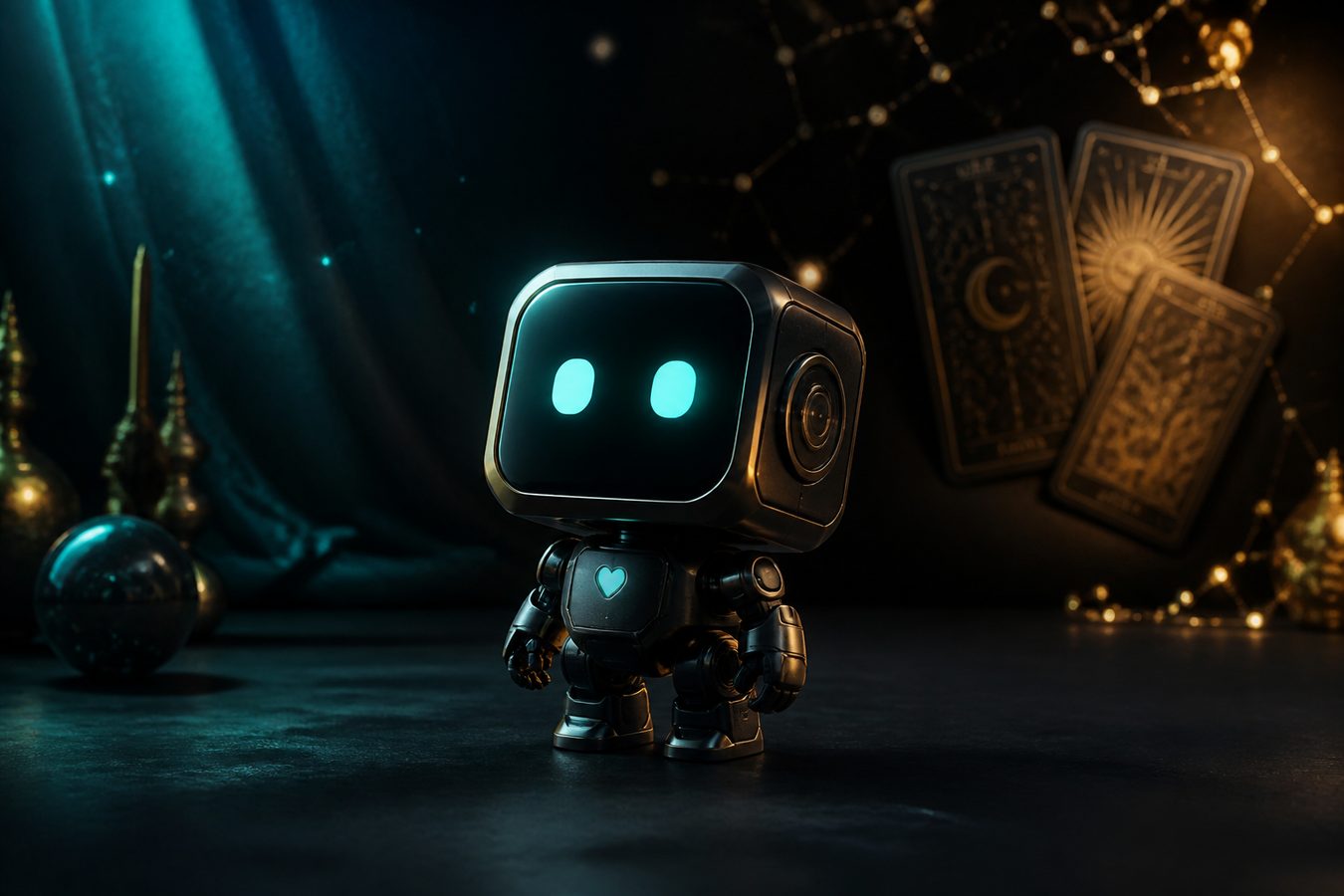 CYBERORACLE Vector robot on a dark stage with teal and gold lighting